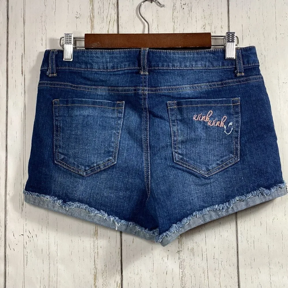 Vanilla Star Womens Embroidered Cuffed Distressed Mid Rise Jean Denim Shorts